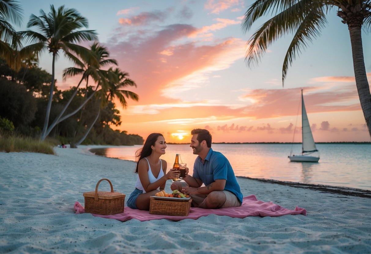 A couple enjoying a sunset picnic on a sandy beach with palm trees and calm water in the background.