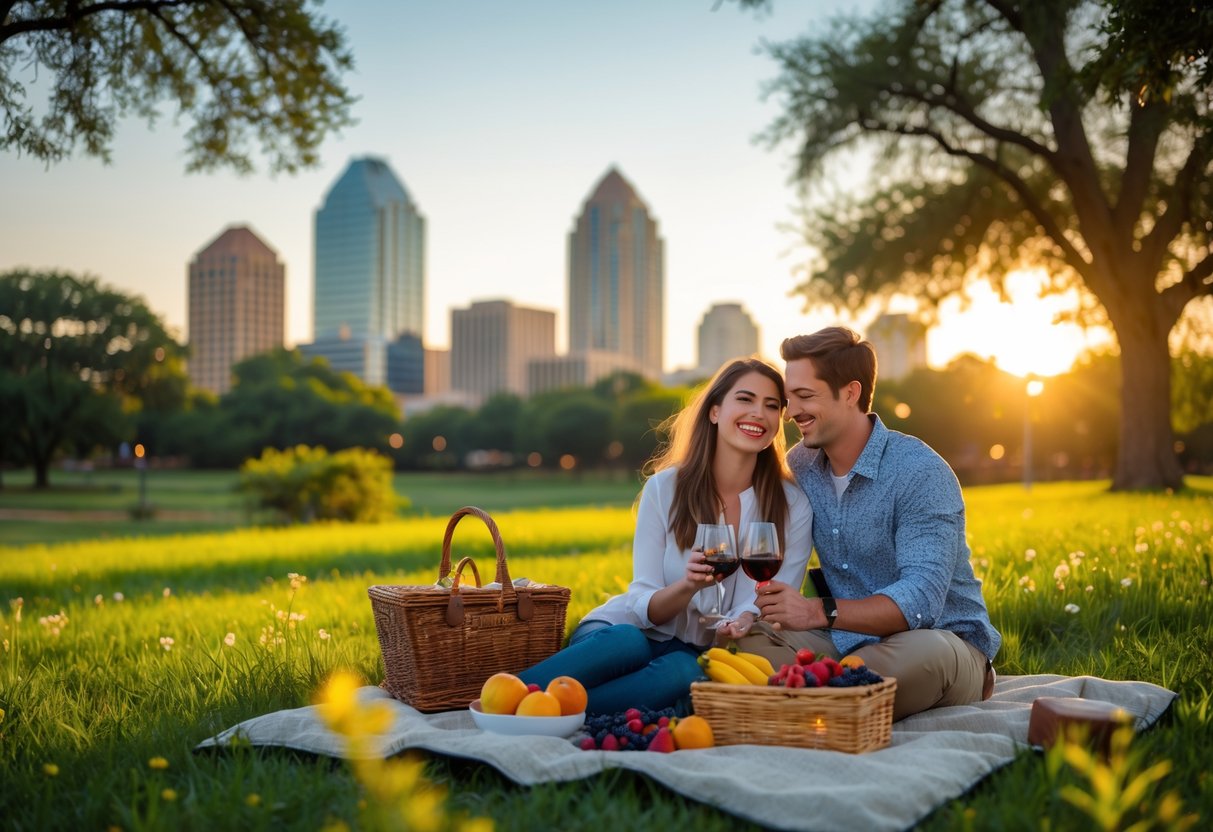 A young couple having a picnic together in a park with the Austin skyline in the background during sunset.