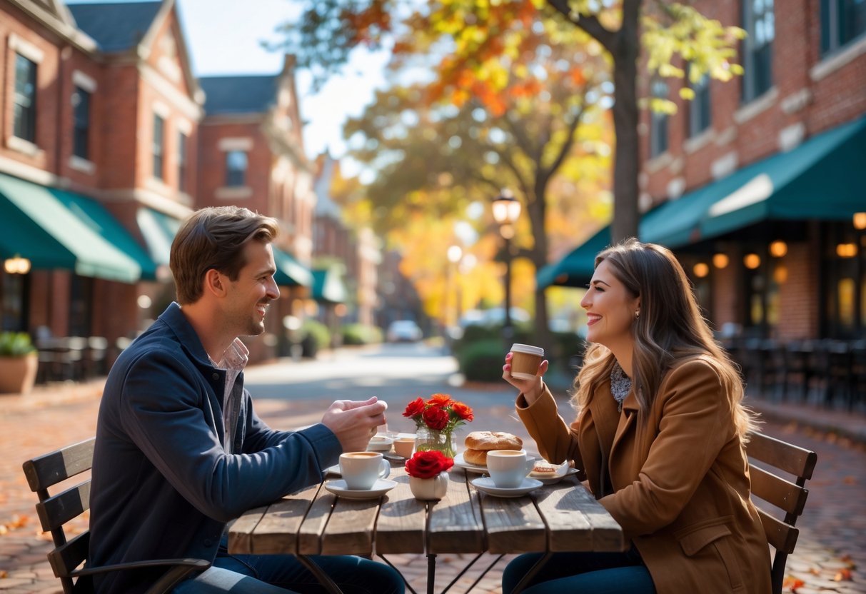 A young couple enjoying coffee and pastries at an outdoor café with red brick buildings and greenery in Auburn, Alabama.