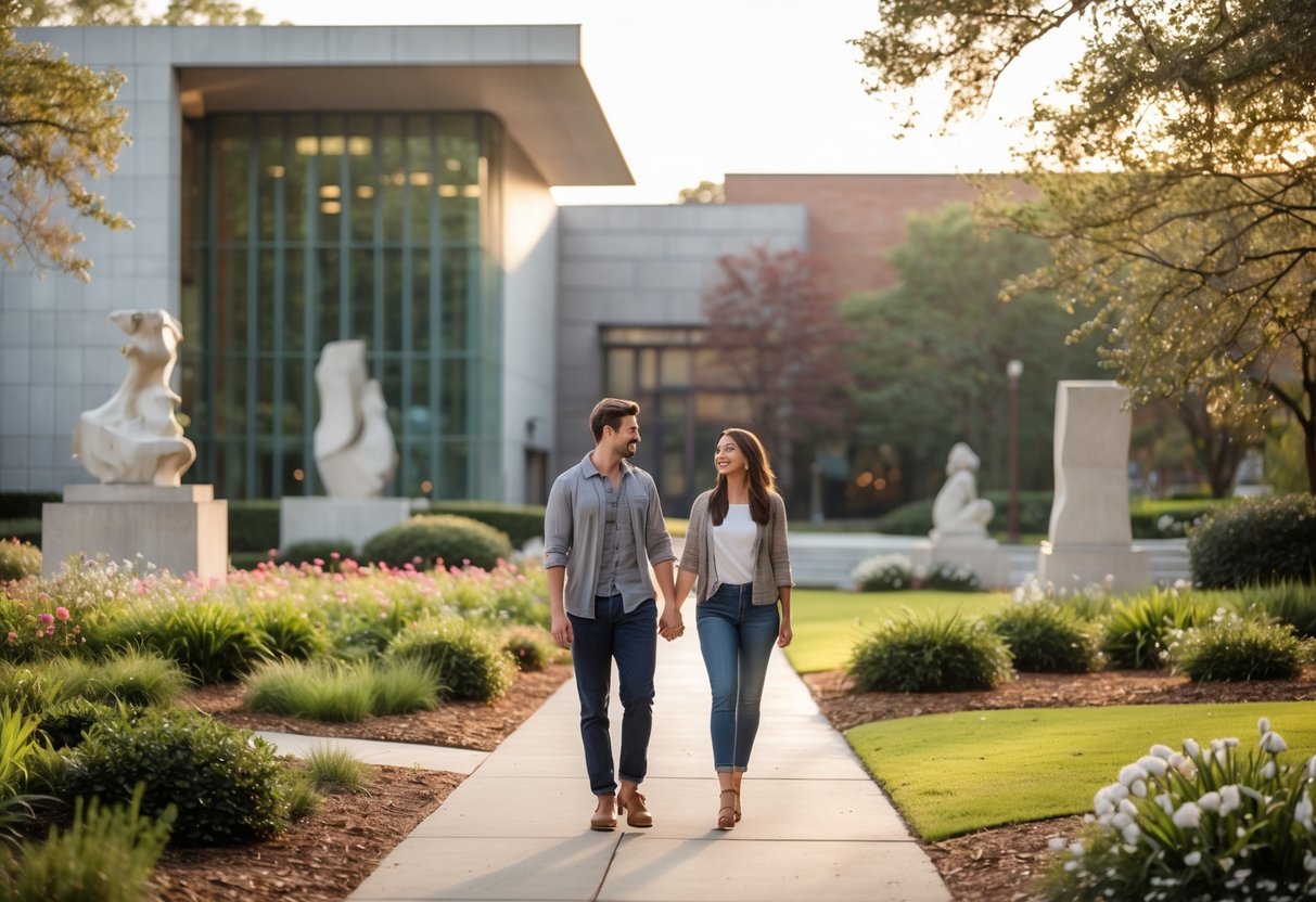A young couple walking hand in hand outside an art museum surrounded by greenery and flowers.