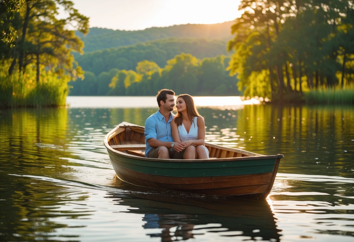 A young couple enjoying a romantic boat ride on a calm lake surrounded by trees and hills during sunset.