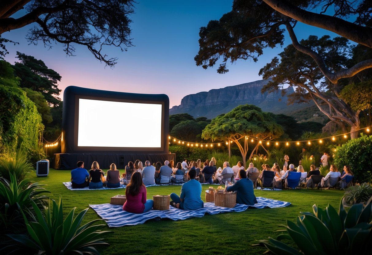 Couples watching a movie on an outdoor screen surrounded by trees and plants at Kirstenbosch Gardens with Table Mountain in the background during evening.
