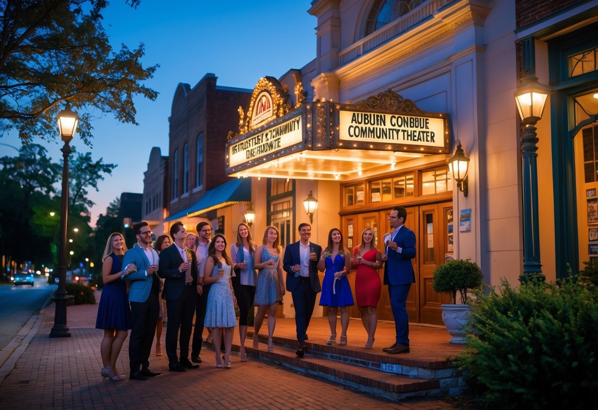 People gathered outside a warmly lit historic theater in the evening, preparing to attend a live show.