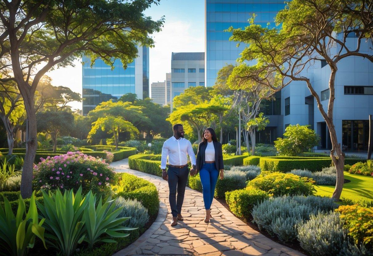 A couple walking along a stone path in a lush garden surrounded by trees and flowers near office buildings.
