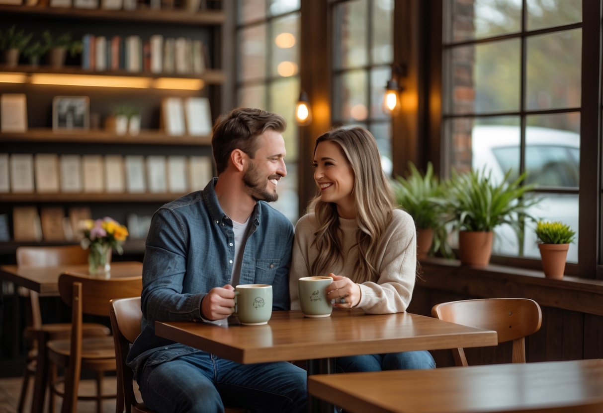 A couple sitting together at a wooden table in a cozy coffee shop, enjoying coffee and conversation.