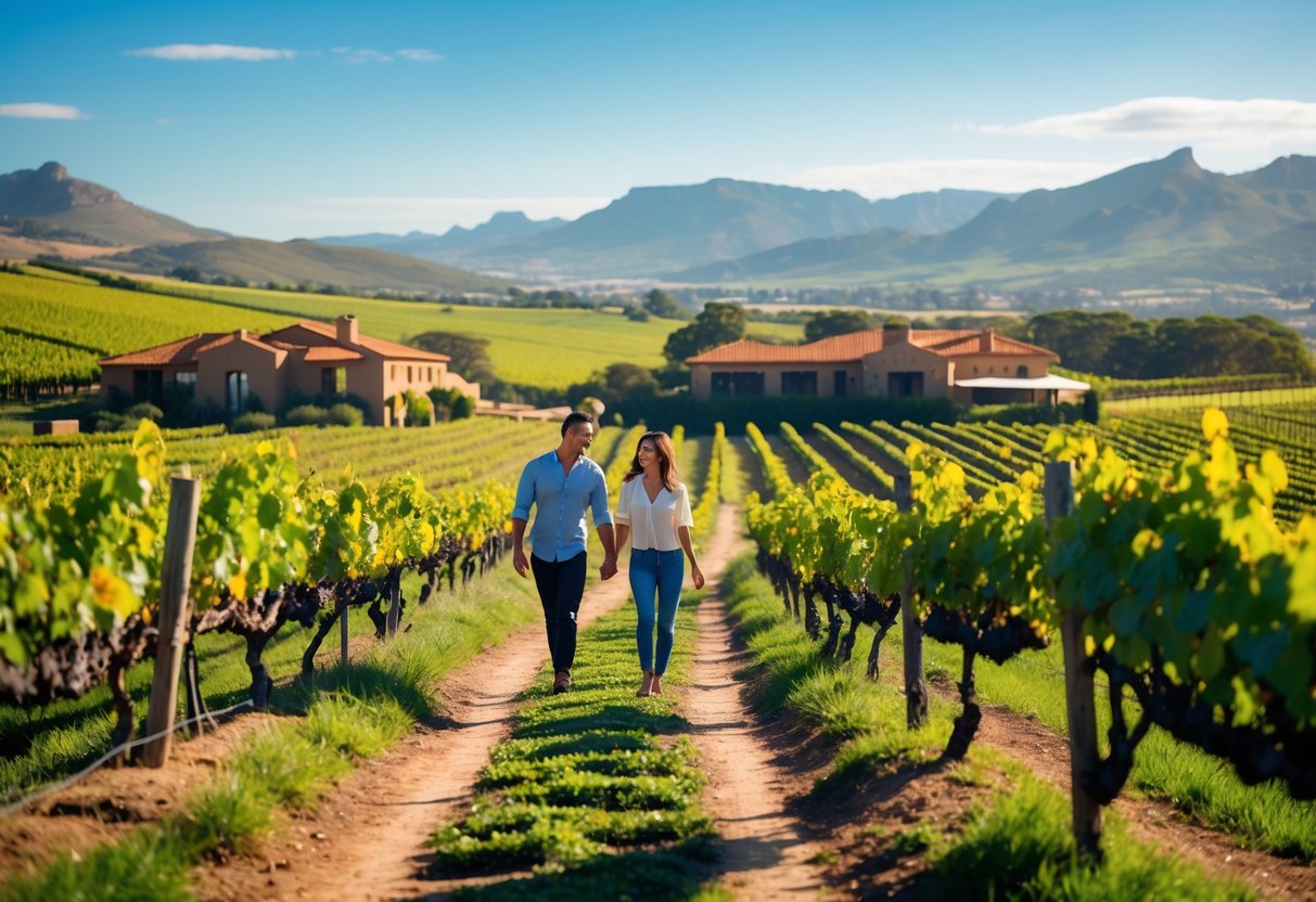 A couple walking hand in hand through a vineyard with hills and wine estate buildings in the background.