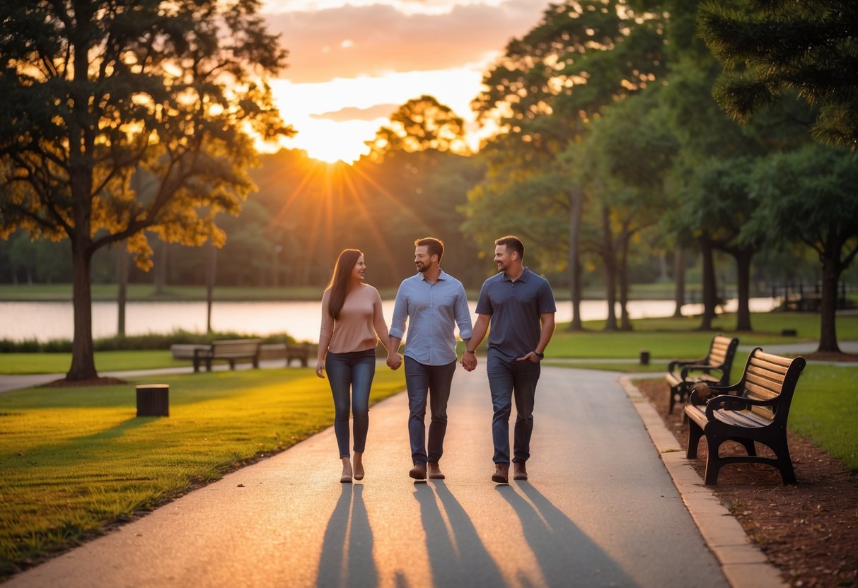 A couple walking hand-in-hand on a park trail at sunset surrounded by trees and a lake in the background.