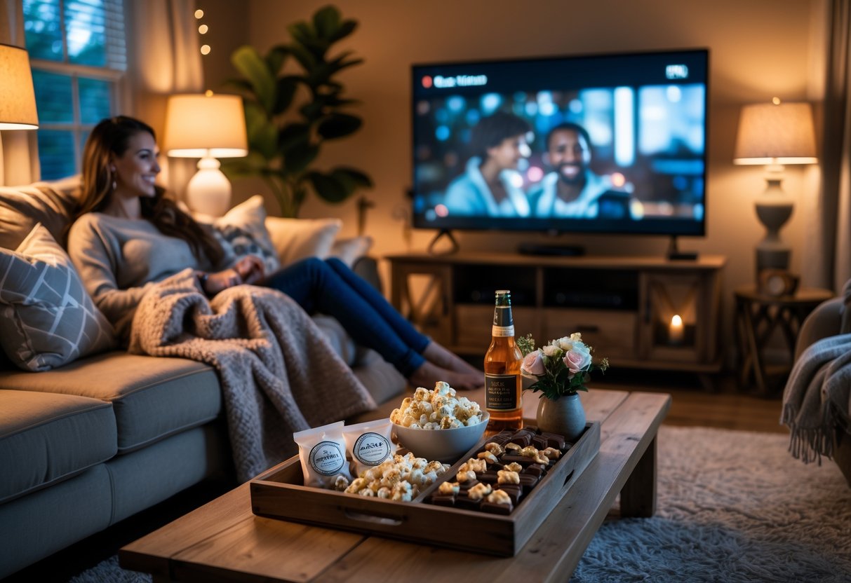 A couple sitting on a couch enjoying snacks and a movie night at home in a cozy living room.