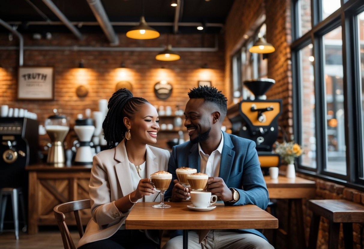 A couple enjoying coffee together at a small table inside a modern coffee shop with warm lighting and industrial decor.
