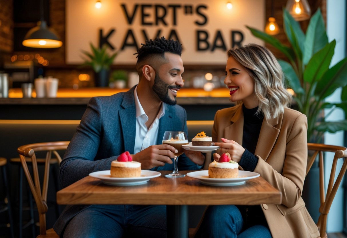 A couple enjoying desserts and coffee together at a cozy cafe table inside Verts Kava Bar.