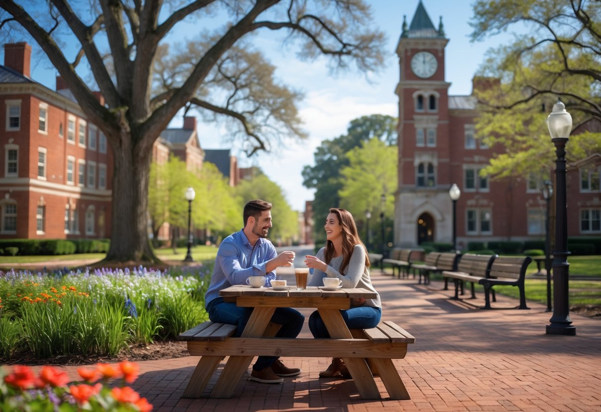A young couple sitting at a picnic table outdoors on a sunny day, surrounded by trees and historic buildings in Auburn, Alabama.