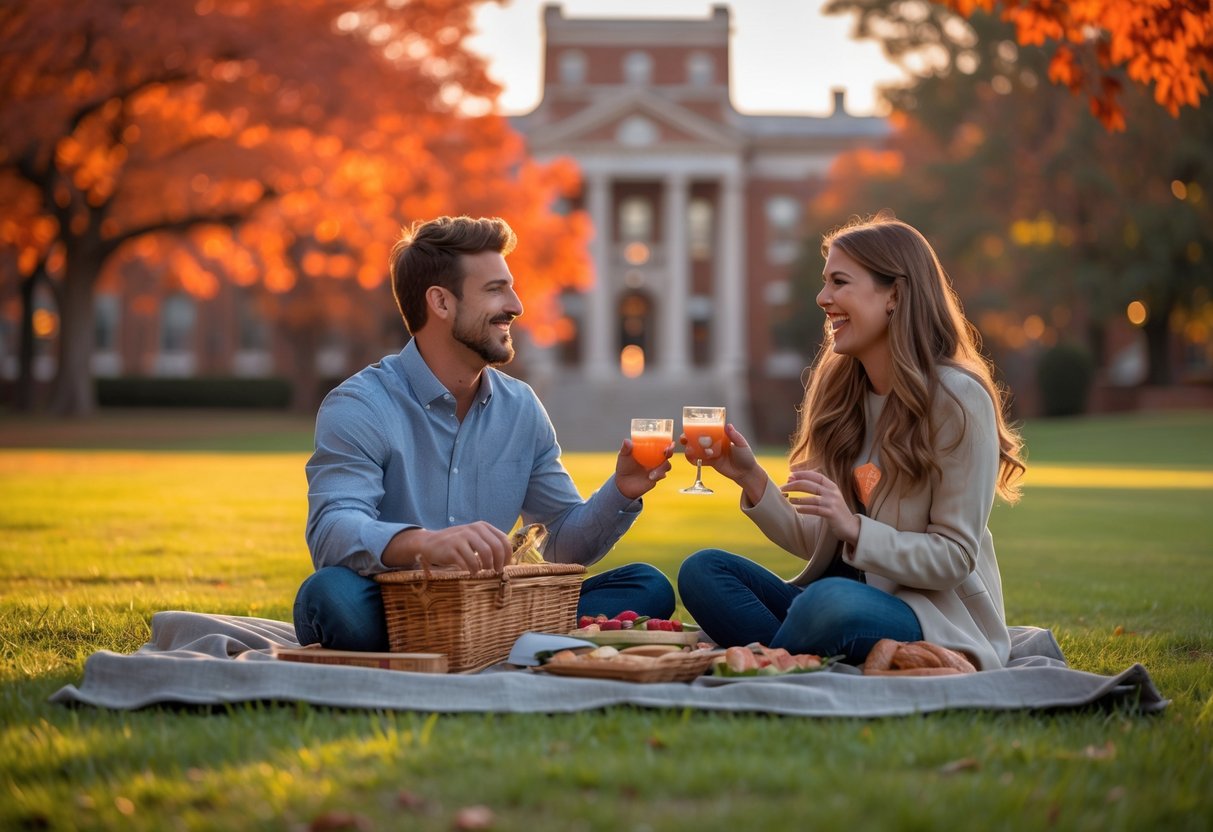 A young couple enjoying a picnic on a grassy lawn with autumn trees and historic buildings in the background.