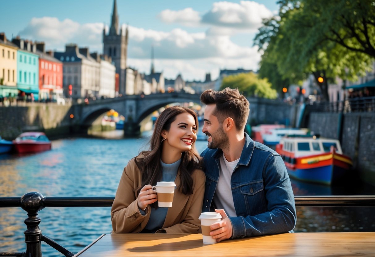 A young couple enjoying coffee together on a bridge over a river in Dublin with the city skyline in the background.