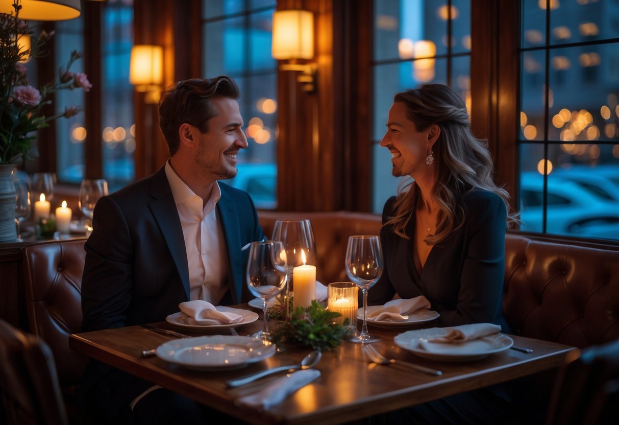 A couple enjoying a romantic dinner at an elegant restaurant table set for two with candles and fine dining settings.