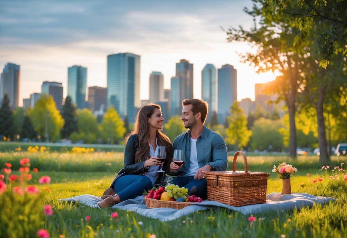 A young couple having a picnic in a park with the Calgary skyline and mountains in the background.