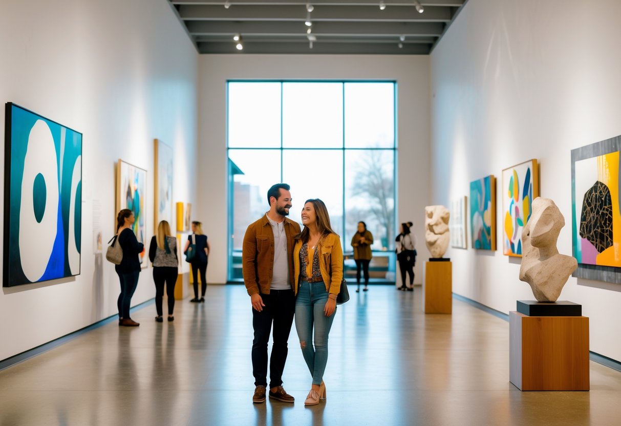 A couple admiring contemporary artworks inside a bright, spacious art museum gallery.