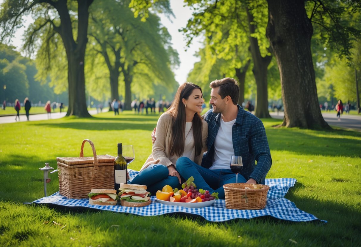 A couple having a picnic on a blanket in a green park with trees and walking paths.