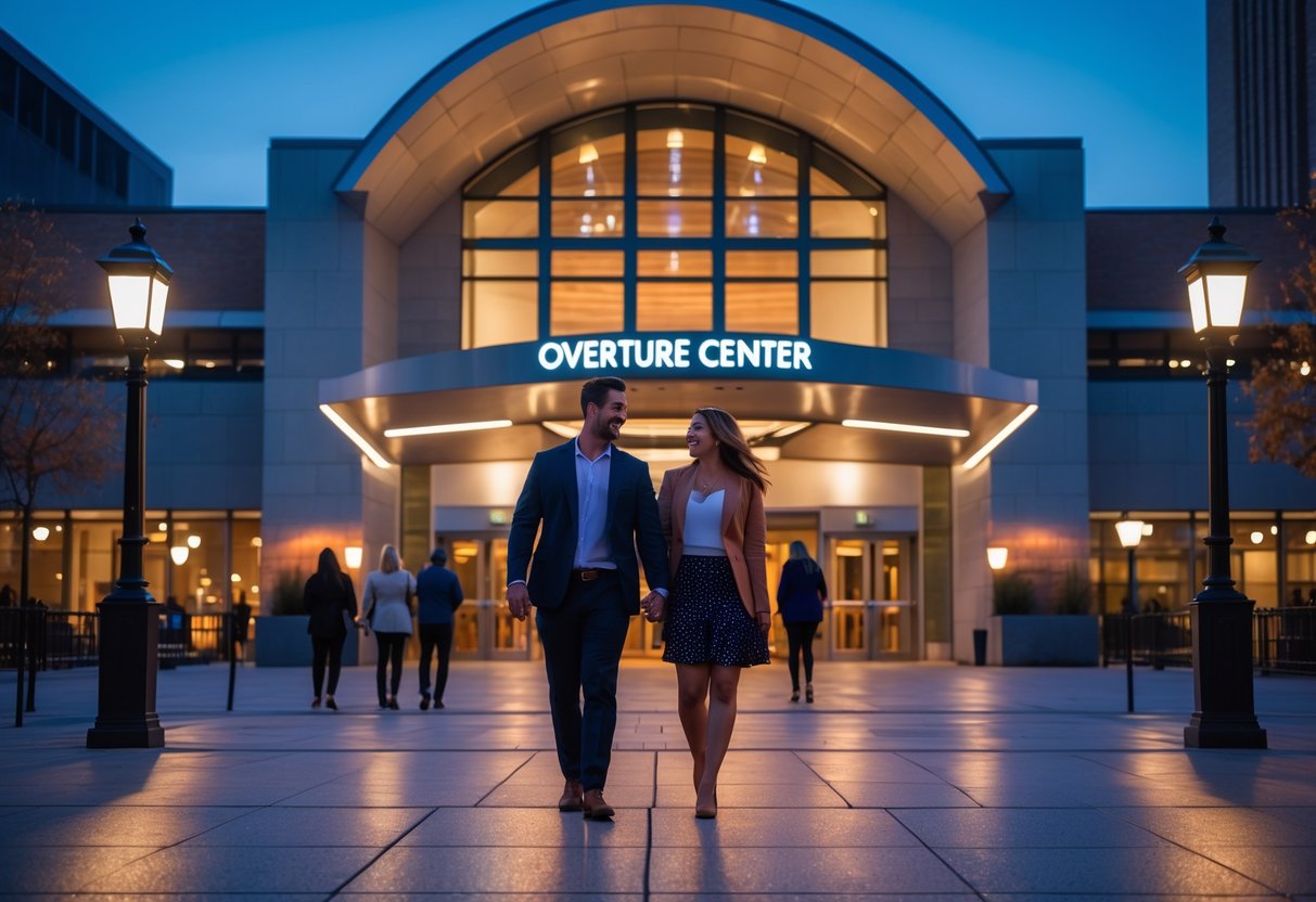 A couple holding hands and walking toward the illuminated entrance of the Overture Center in Madison, Wisconsin during the evening.