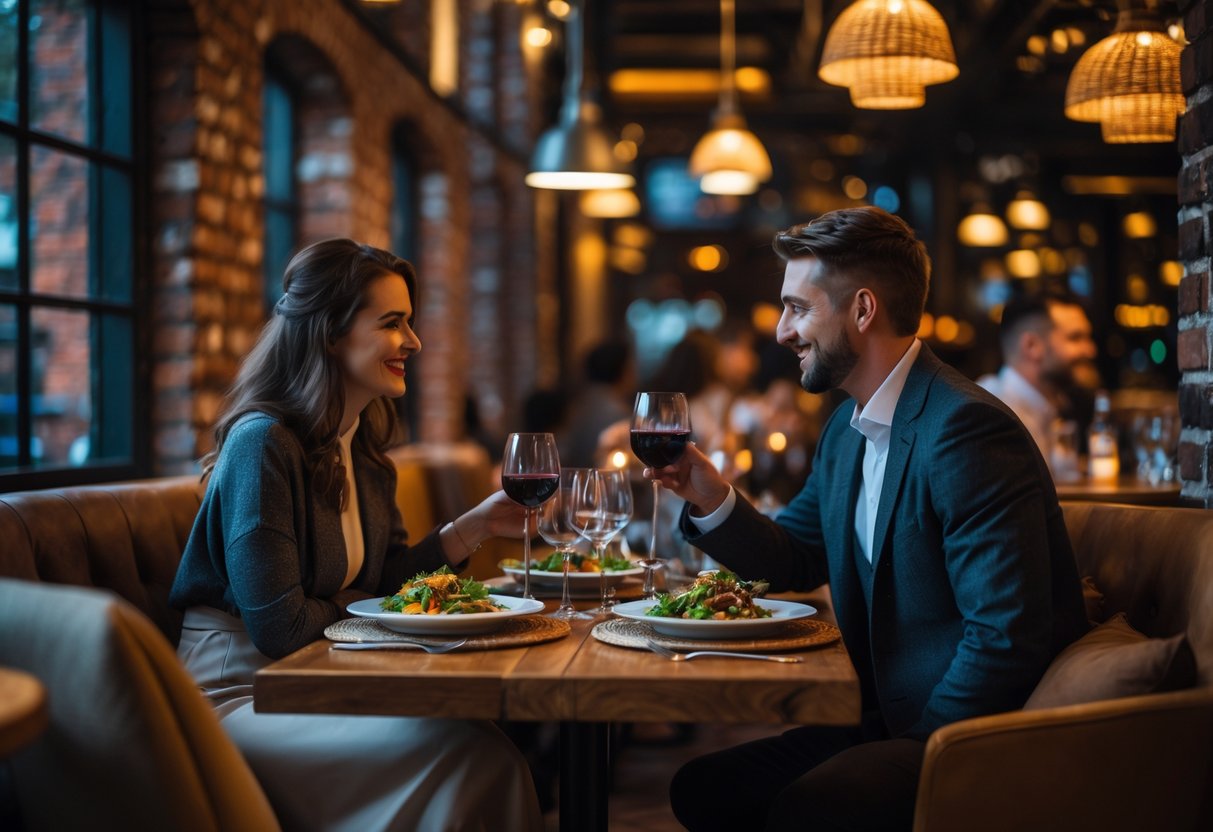 A couple enjoying a romantic dinner at a cozy restaurant with warm lighting and rustic decor.