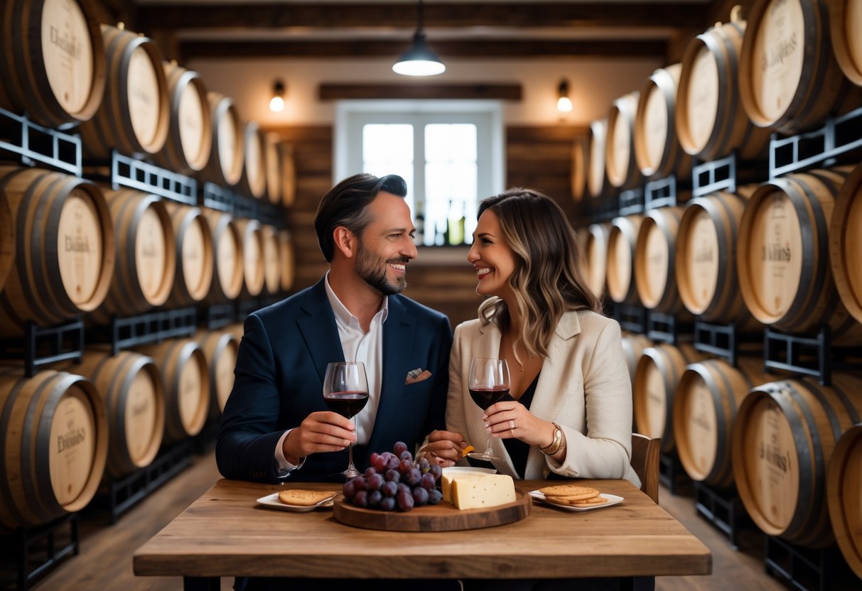 A couple enjoying wine tasting at a rustic barrel room with wooden barrels and a charcuterie board on the table.
