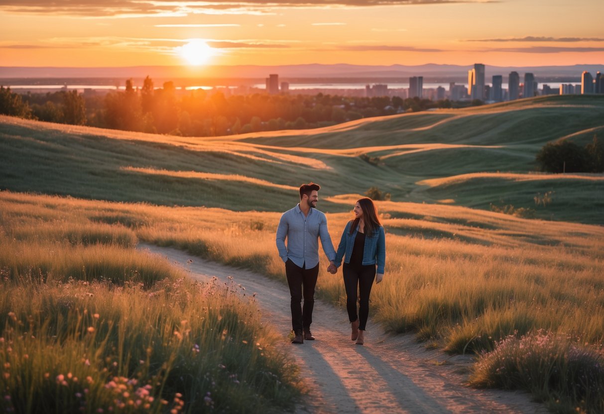A couple walking hand in hand on a path at Nose Hill Park during a colorful sunset with grassy hills and a city skyline in the distance.