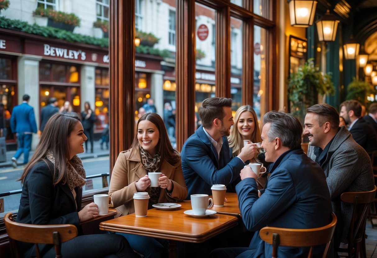 People enjoying coffee inside a café at Bewley’s on Grafton Street in Dublin, with views of pedestrians walking outside.