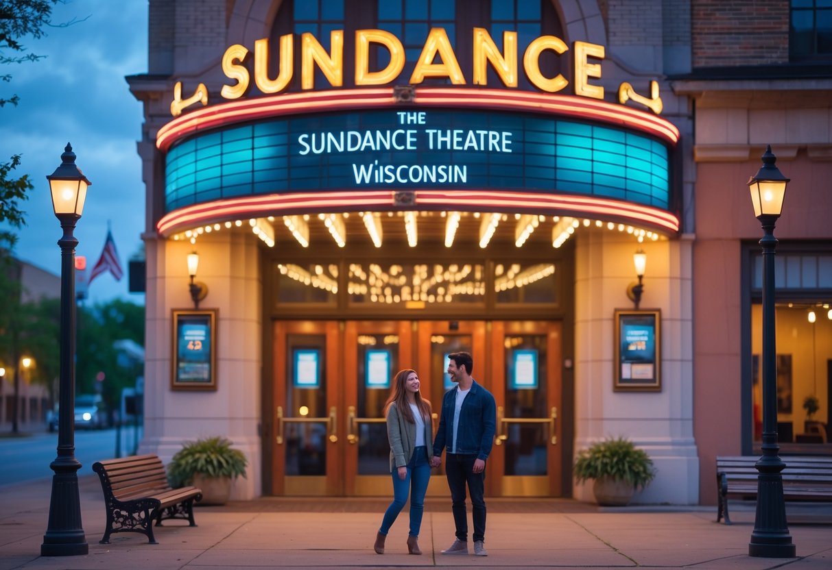 A young couple standing outside the Sundance Theatre in Madison, Wisconsin, preparing to watch a movie together.