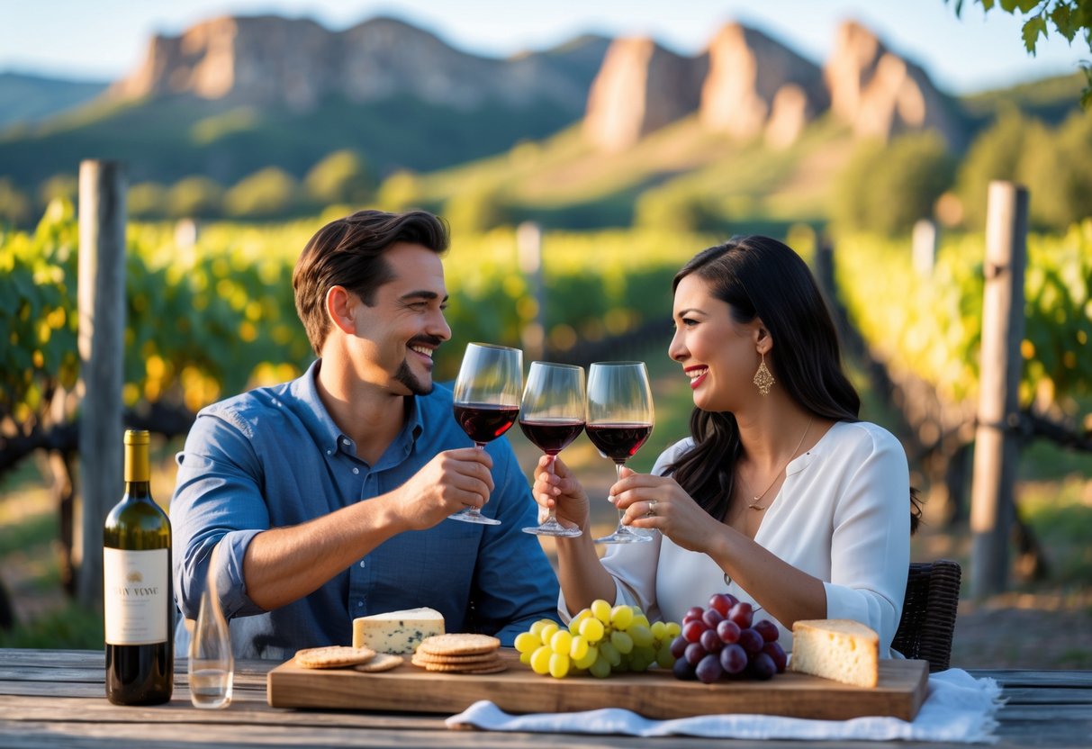 A couple enjoying wine tasting together outdoors at a vineyard with sandstone rocks in the background.