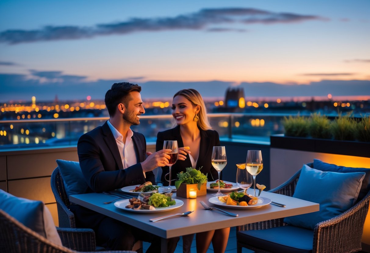 A couple enjoying dinner and drinks on a rooftop terrace overlooking the Dublin city skyline at dusk.