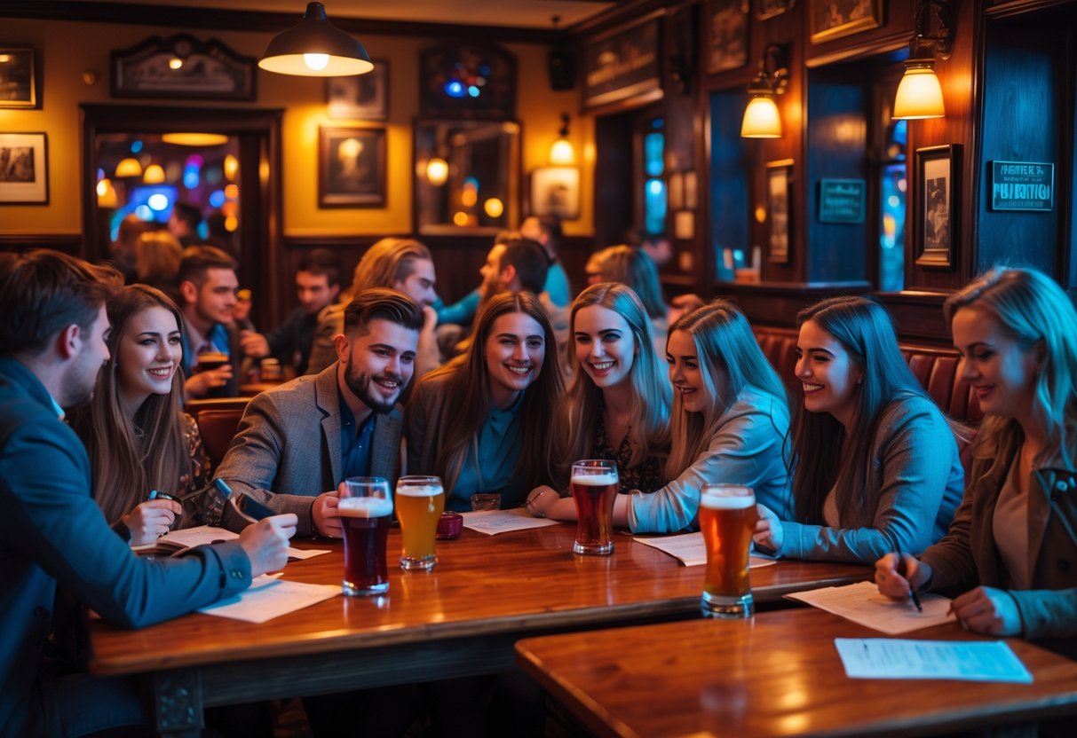People enjoying trivia night at a cozy pub with drinks and snacks, engaged in friendly competition and conversation.