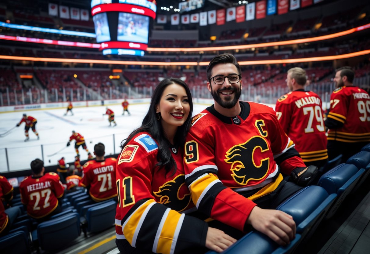 A couple enjoying a Calgary Flames hockey game in a crowded arena with fans and players on the ice.