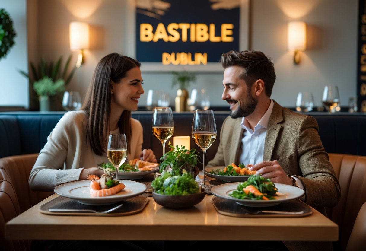 A couple enjoying a meal at a cozy, modern Irish restaurant with a nicely set table for two.
