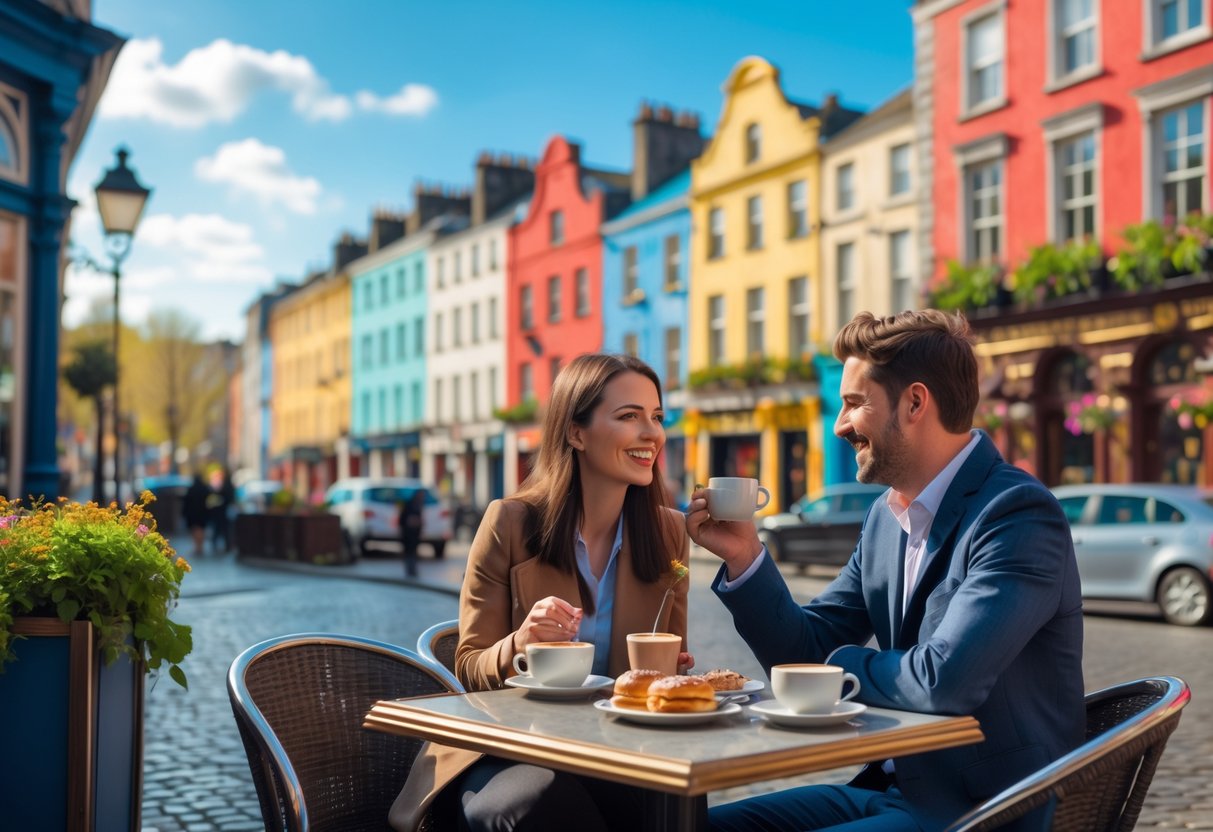 A young couple sitting at an outdoor café in Dublin, smiling and enjoying coffee together with colorful buildings and cobblestone streets in the background.