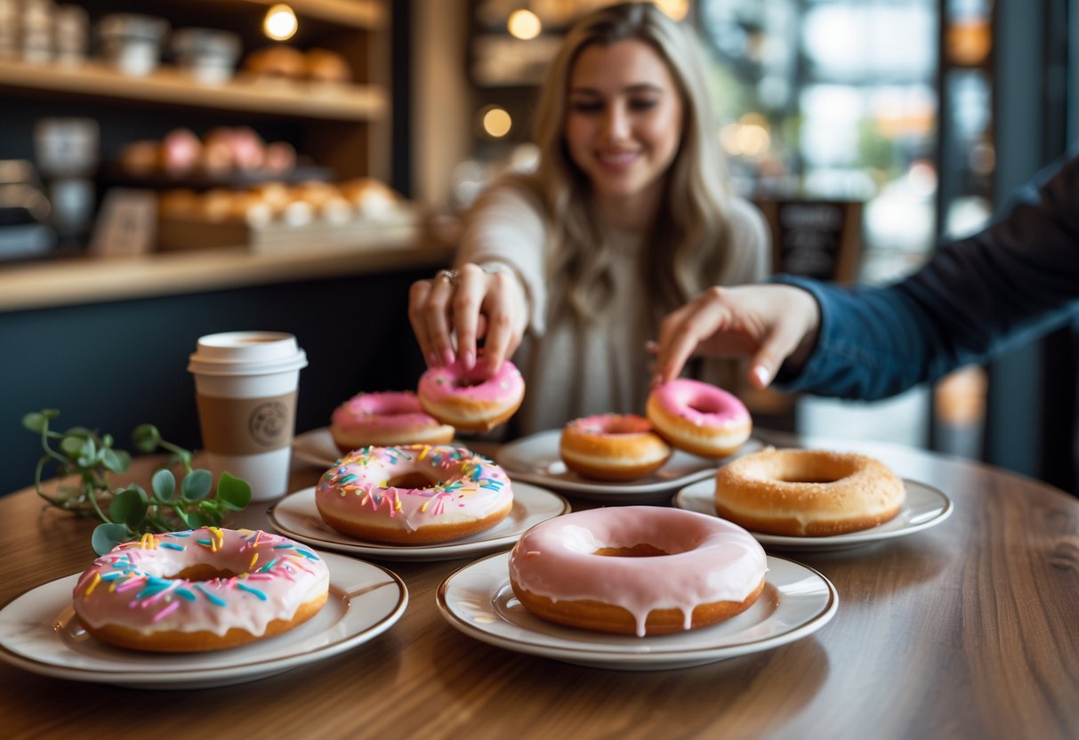A couple enjoying colorful doughnuts together at a cozy doughnut shop table.