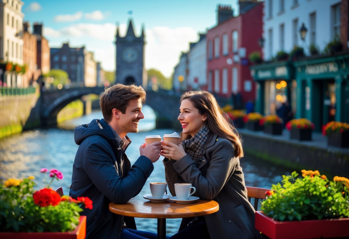 A young couple enjoying coffee together outdoors near a historic bridge in Dublin on a sunny day.