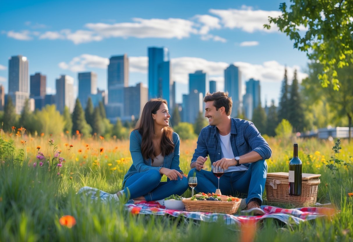 A young couple having a picnic in a park with Calgary skyline and mountains in the background.