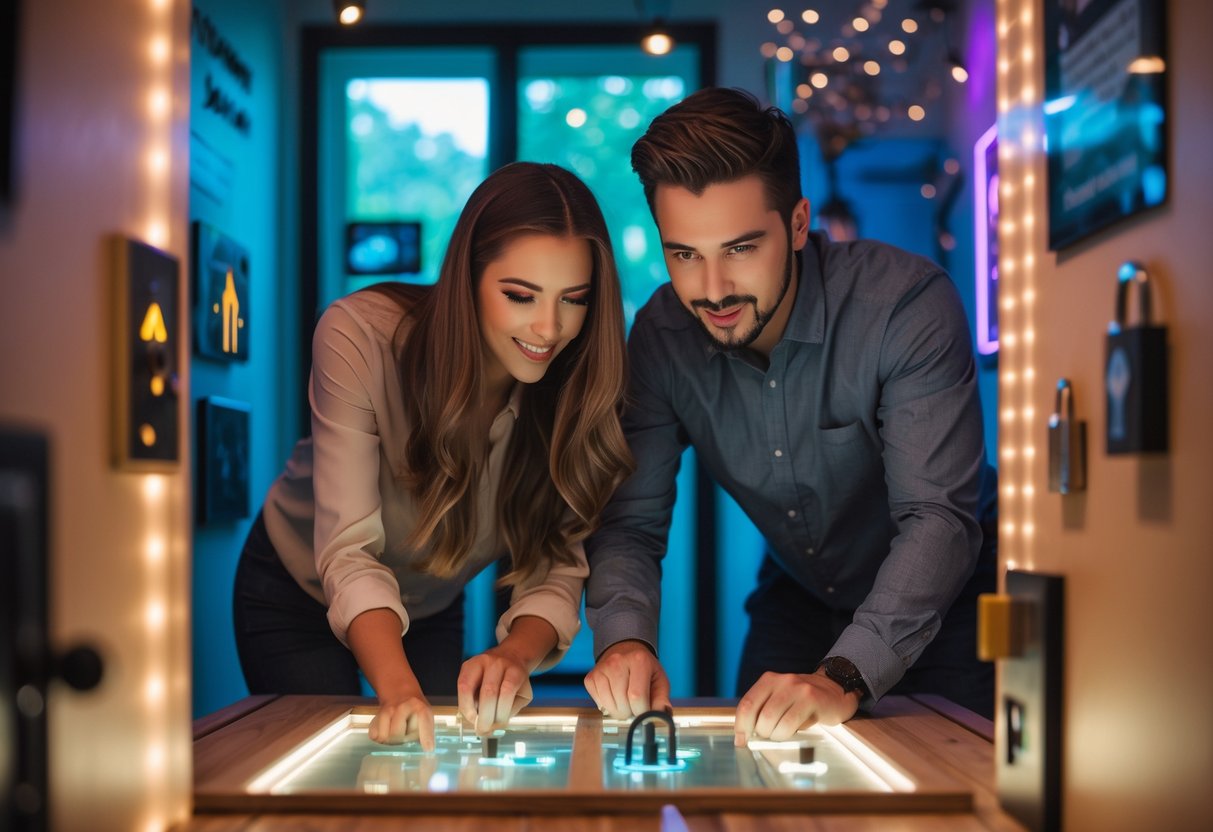 A couple working together to solve puzzles in an escape room.