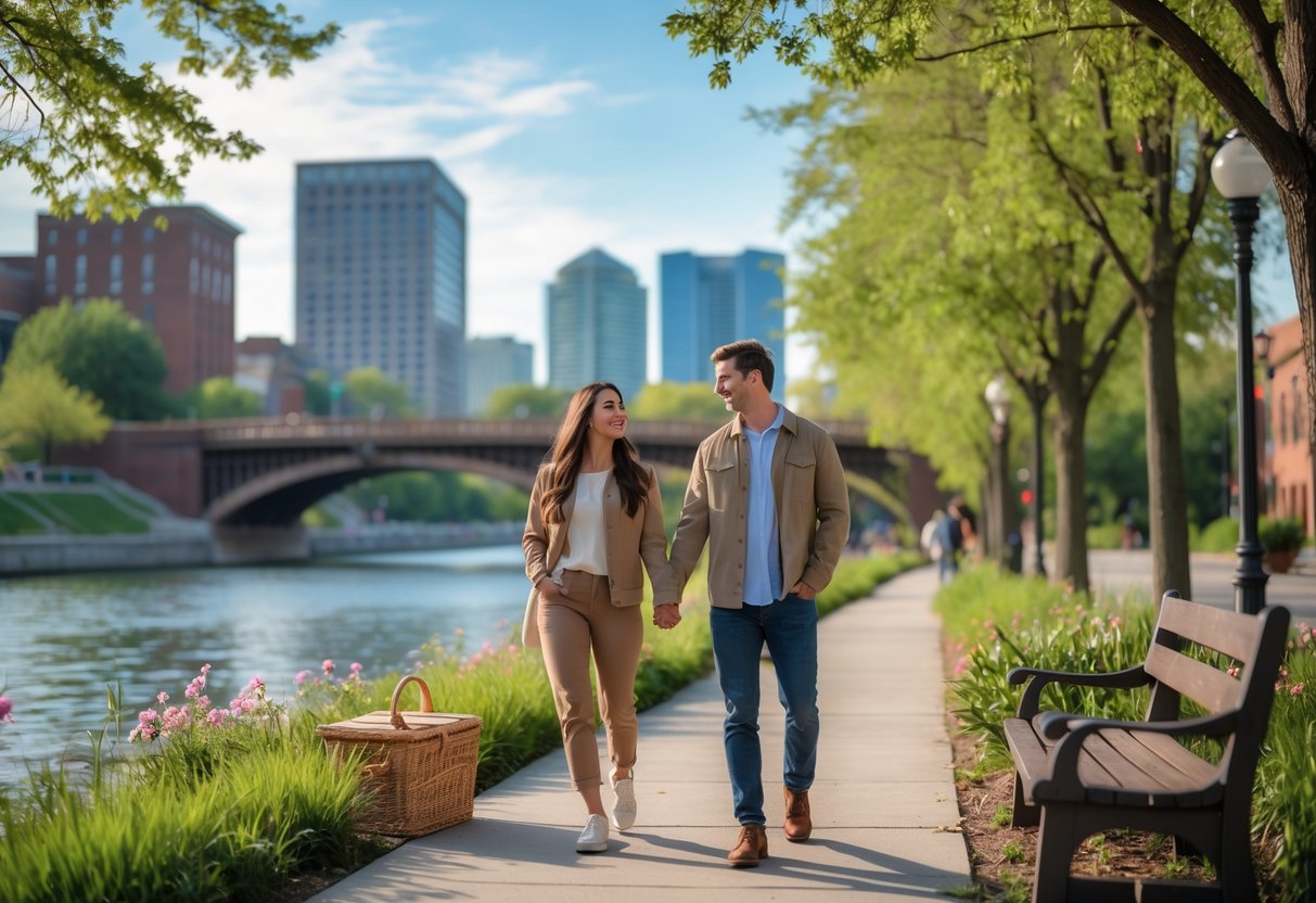 A young couple walking hand-in-hand along a riverwalk in Dayton, Ohio, surrounded by trees and city buildings on a sunny day.