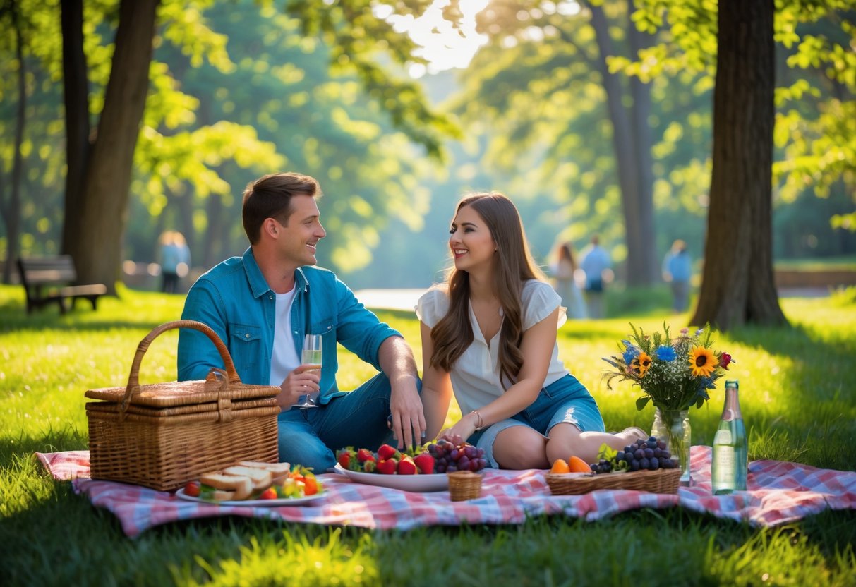 Couple having a picnic on a blanket in a green park with trees and a creek in the background.