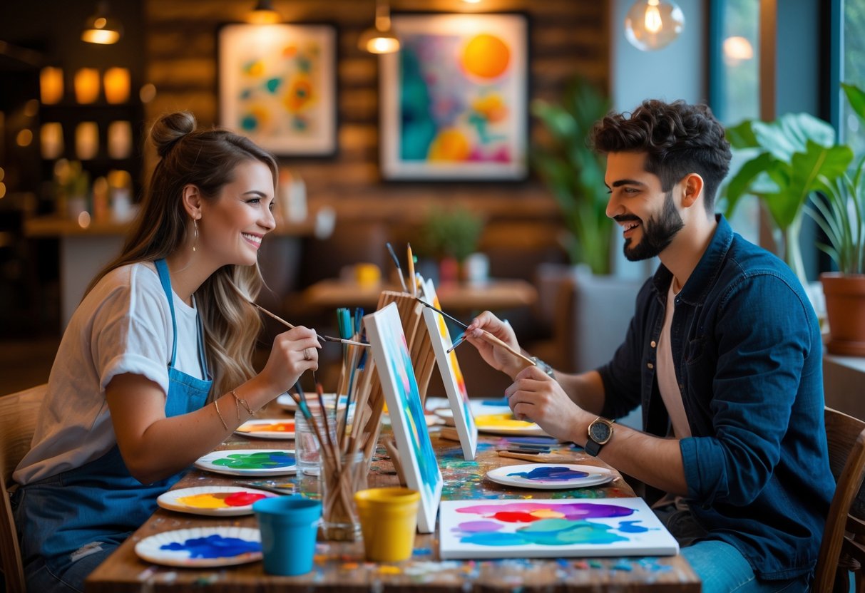 A young couple painting together at a table in an art lounge, surrounded by painting supplies and warm lighting.