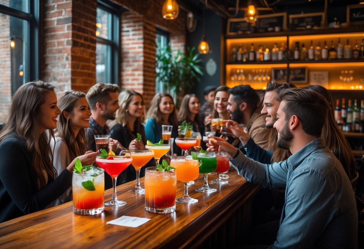 People enjoying craft cocktails together at a cozy local bar.