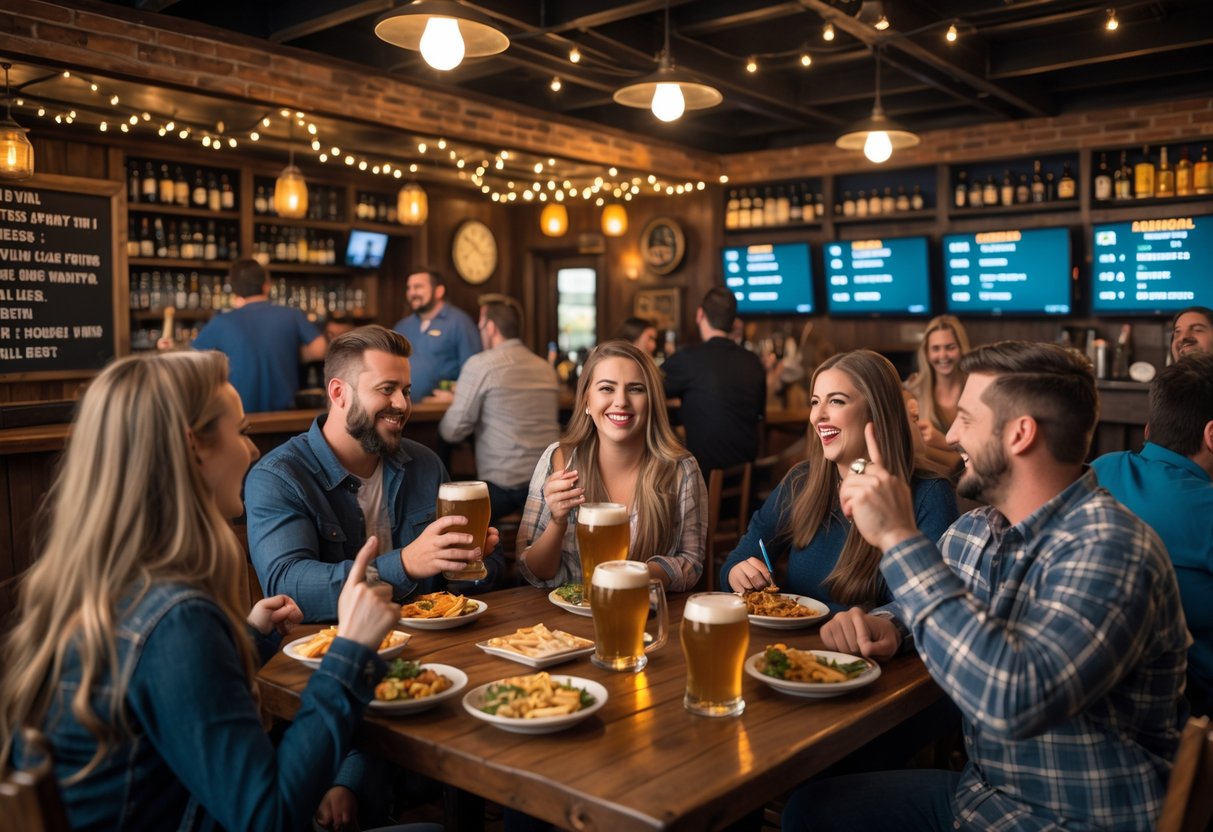 People enjoying trivia night at a neighborhood pub, sitting at tables with drinks and food, engaged in friendly conversation and games.