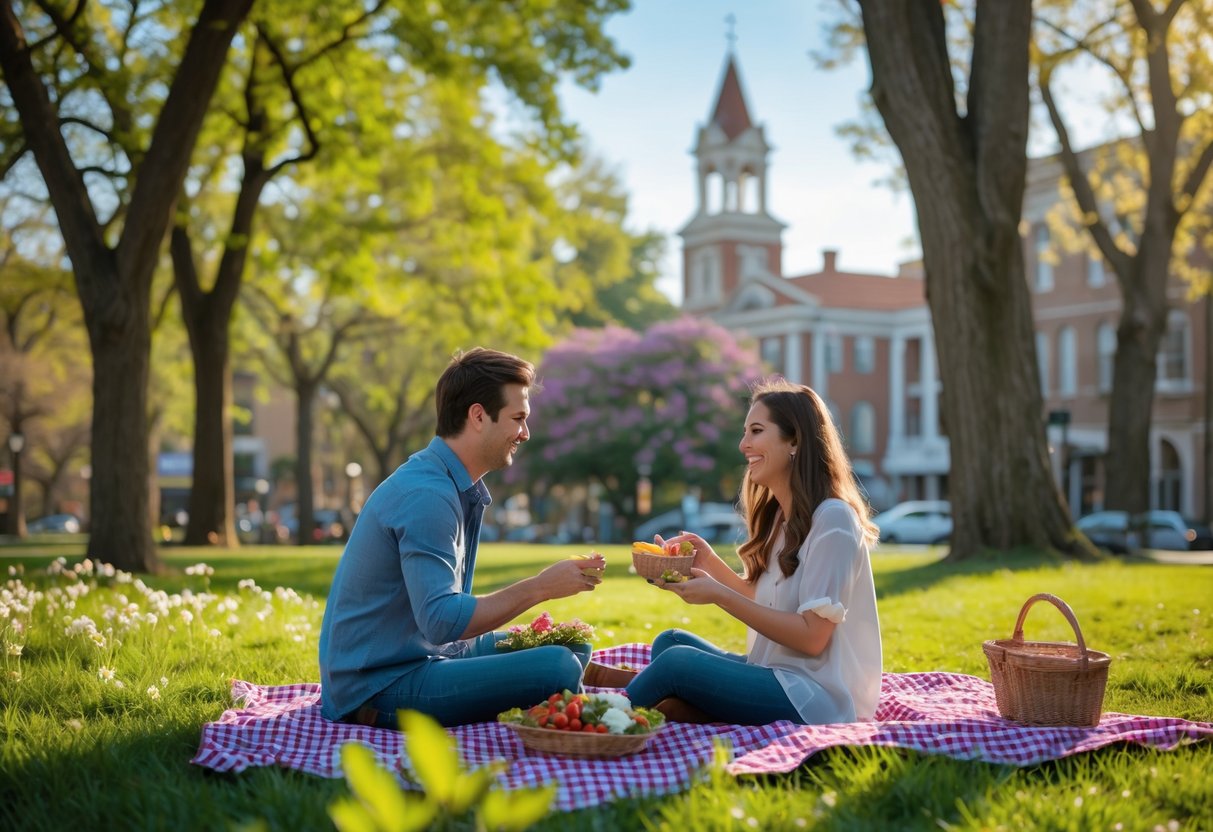 A young couple having a picnic together in a green park with trees and flowers, smiling and enjoying a sunny day.