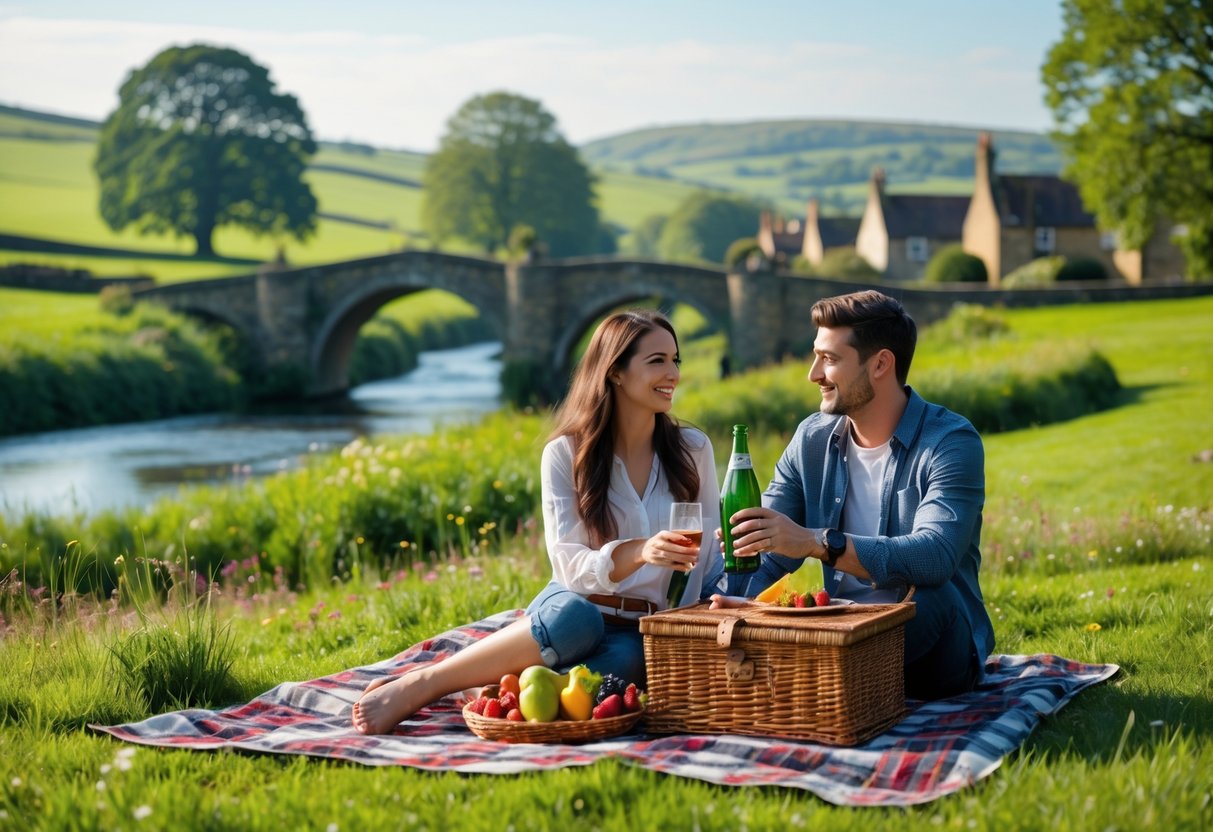A young couple having a picnic on a blanket in a green countryside park with hills, a river, and a stone bridge in the background.