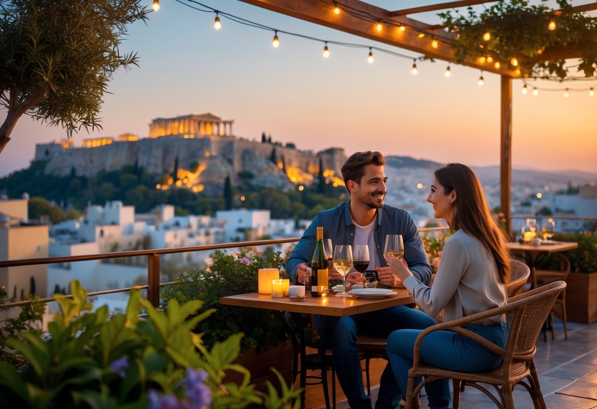 A couple enjoying a romantic rooftop dinner in Athens with the Acropolis visible in the background at sunset.