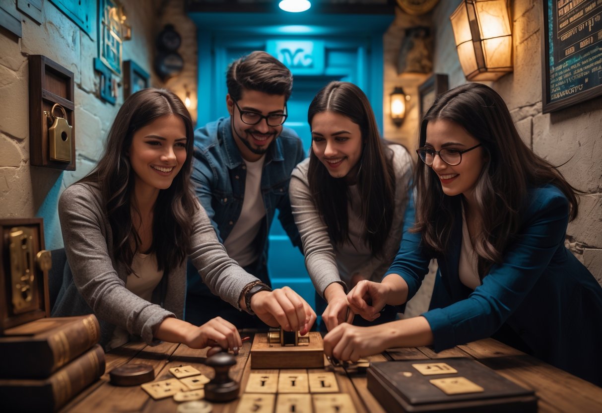 Four young adults working together to solve puzzles in an escape room with Greek-themed decor.