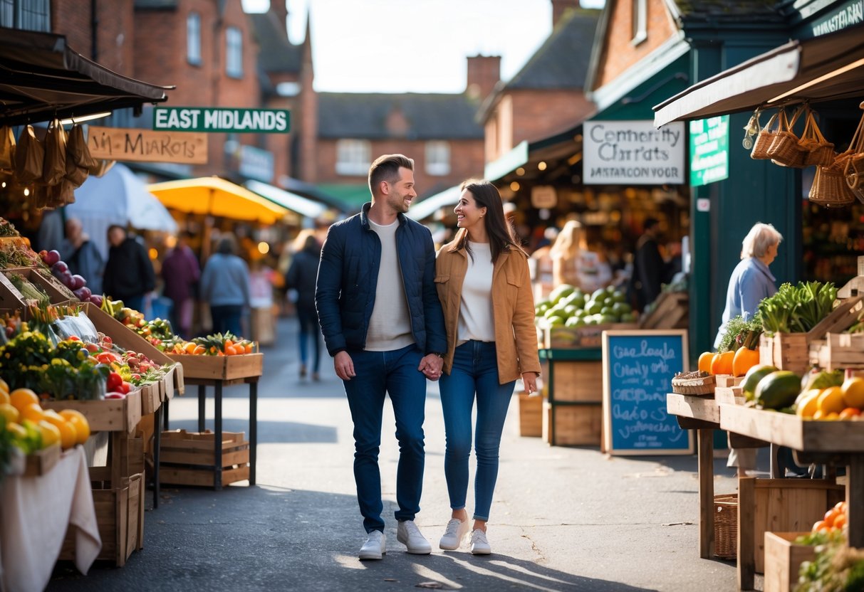 A couple walking hand-in-hand through a busy local market with colorful stalls and shoppers around them.