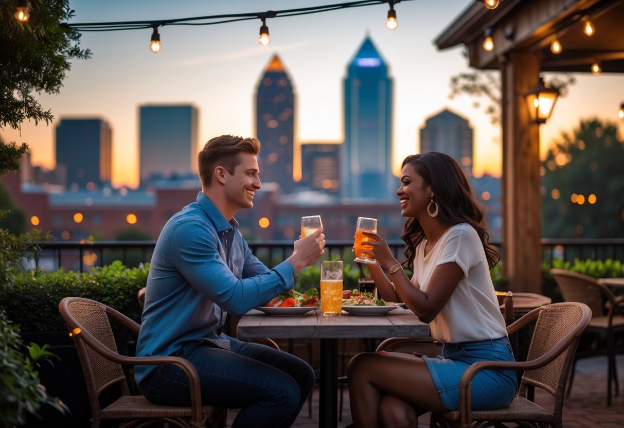 A young couple enjoying a romantic outdoor dinner with the Atlanta skyline visible in the background at sunset.