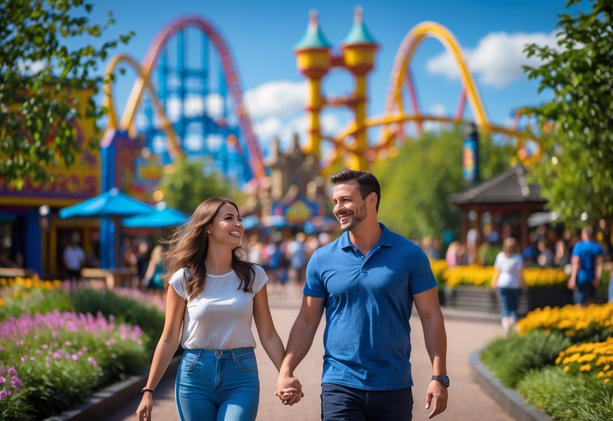 A couple walking hand-in-hand in a theme park with roller coasters and greenery in the background.