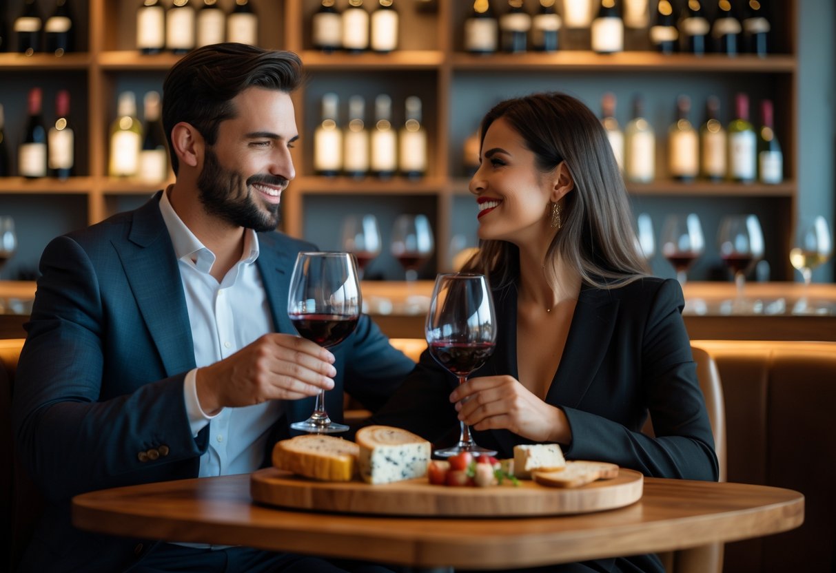 A couple enjoying wine tasting together at a wine bar with bottles on shelves and a cheese platter on the table.